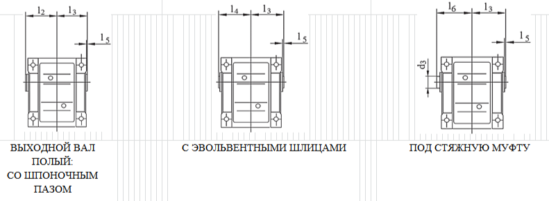 Варианты исполнения выходного вала: шпоночный, эвольвентные шлицы, под стяжную муфту